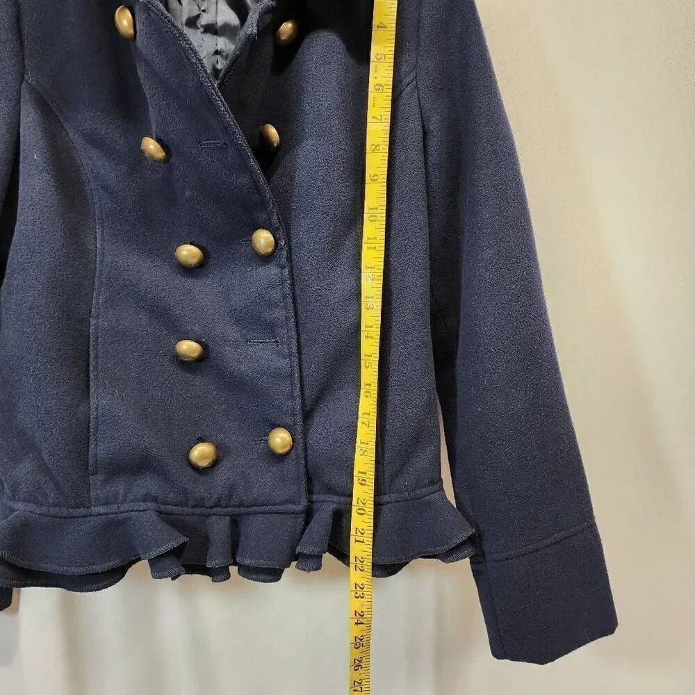 Prévue Navy Ruffle Hem Peacoat Jacket Medium Gold Button Double Breasted - Picture 3 of 8